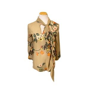 New York and Company Tropical Print Chiffon Tie Neck Top